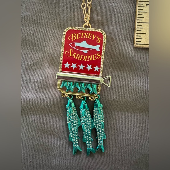 Betsey Johnson Jewelry - Betsey Johnson Betsey’s Sardines red can Jewels Rhinestone Fish Pendant Necklace